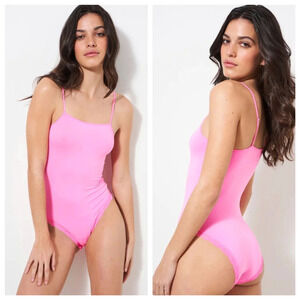 Stripe & Stare Spagehtti Bodysuit One Piece Womens Small Pink Lace Trim Stretch